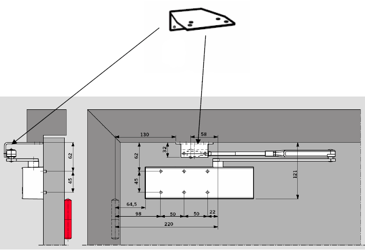 При помощи опционного уголка доводчик может быть установлен рычагом параллельным дверному полотну. Доводчик дверной DORMA TS-71